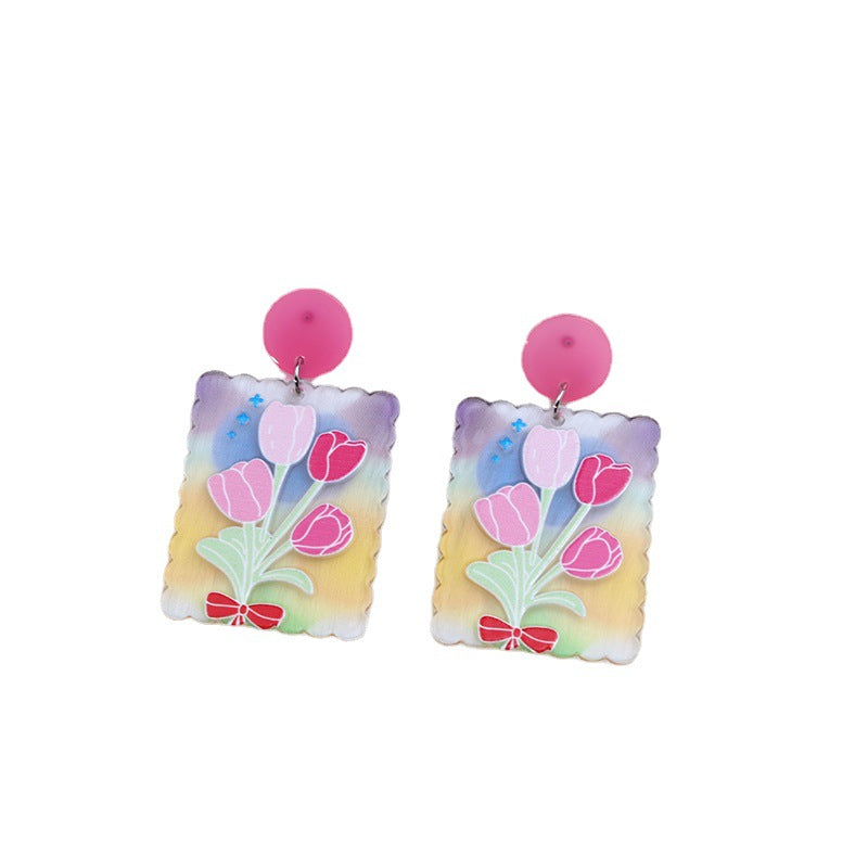 Flores de tulipán de color caramelo al por mayor Pendientes acrílicos